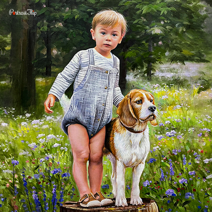 il painting of a boy with his dog